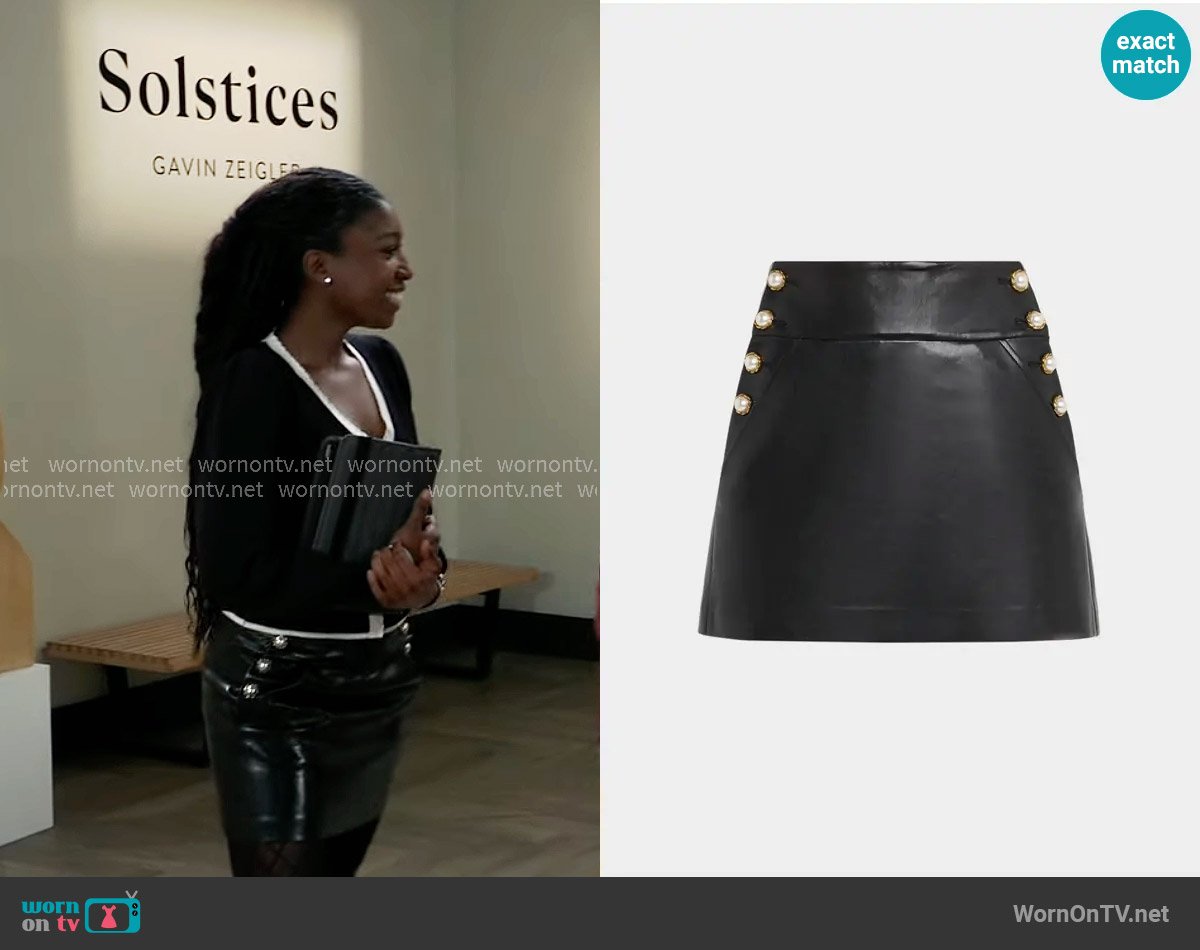 Alice + Olivia Donald Button Trim Faux Leather Miniskirt worn by Trina Robinson (Tabyana Ali) on General Hospital