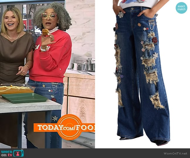 Alice + Olivia Harper Distressed & Embellished Baggy Jeans worn by Carla Hall on Today