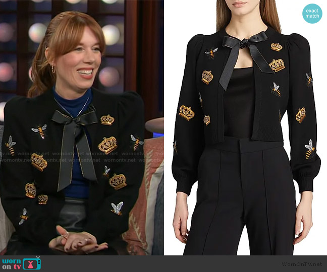 Alice + Olivia Kitty Bee Cardigan worn by Rhonda Halbert on The Kelly Clarkson Show
