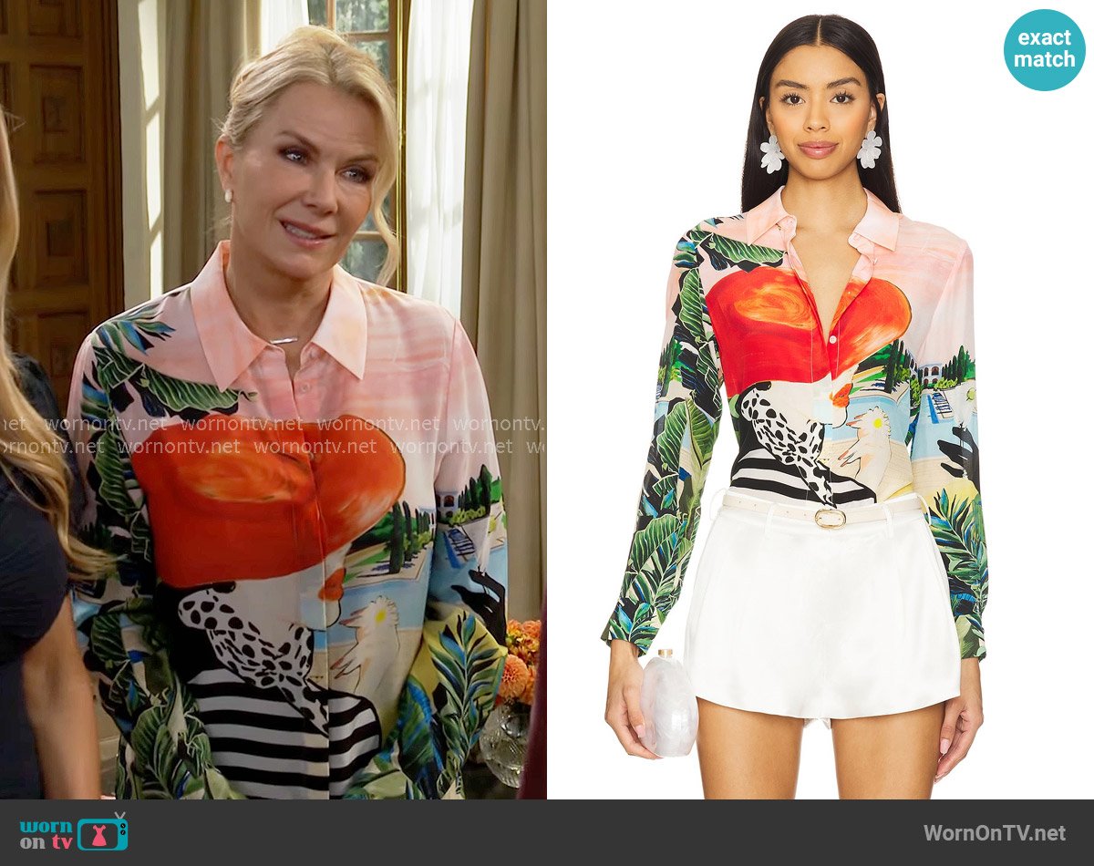 Alice + Olivia Willa Shirt in Palm Beach worn by Brooke Logan (Katherine Kelly Lang) on The Bold and the Beautiful