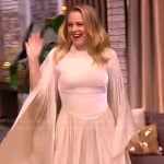 Alicia Silverstone’s beige drape maxi dress on The View