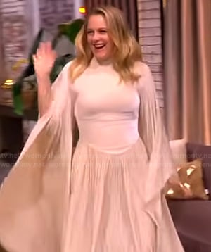 Alicia Silverstone’s beige drape maxi dress on The View