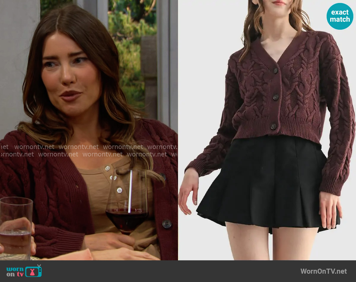 All In Favor Cable Crop V-Neck Cardigan in Brown worn by Steffy Forrester (Jacqueline MacInnes Wood) on The Bold and the Beautiful