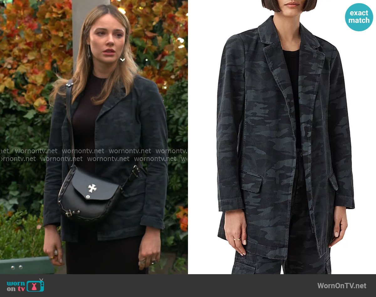 All Saints Aleida Denim Blazer in Camo Ink Blue worn by Tessa Porter (Cait Fairbanks) on The Young and the Restless