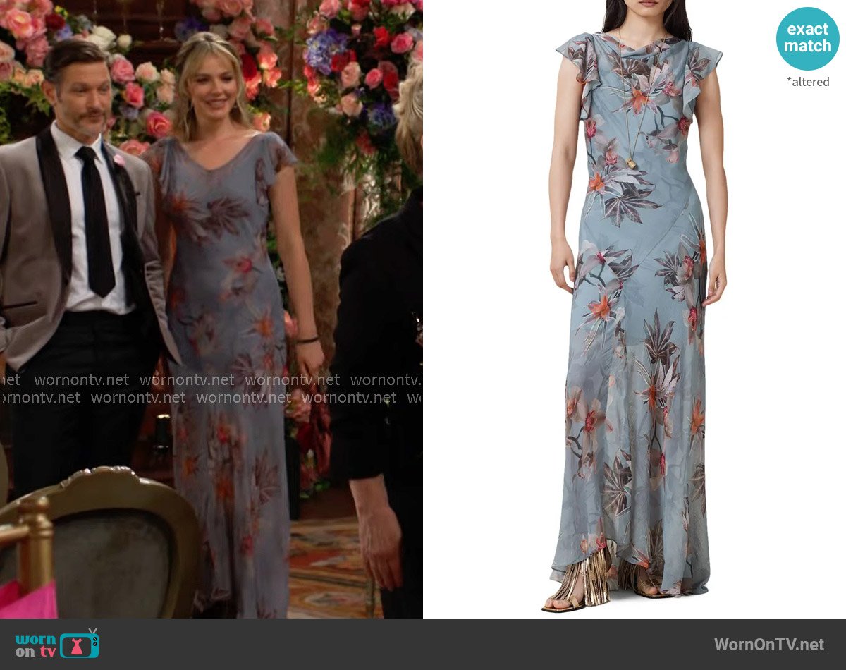 All Saints Flora Dress in Adena Dusty Blue worn by Tessa Porter (Cait Fairbanks) on The Young and the Restless