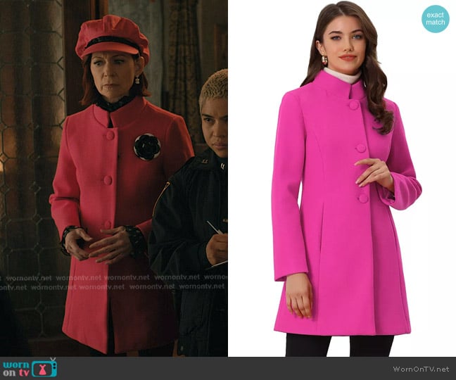 Allegra K Stand Collar Long Sleeve Single Breasted Long Overcoat in Hot Pink worn by Elsbeth Tascioni (Carrie Preston) on Elsbeth