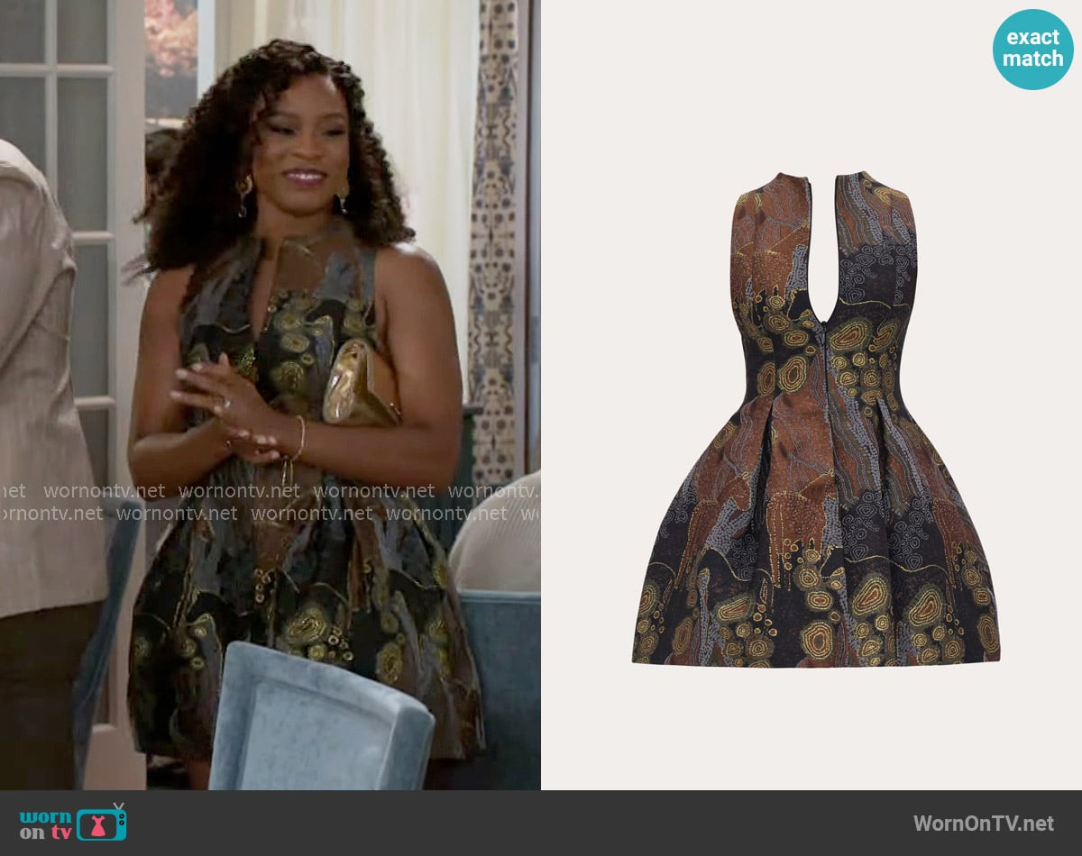 Andrea Iyamah Venti Dress in Kava Jacquard worn by Naomi Hamilton Hawthorne (Arielle Prepetit) on Beyond the Gates
