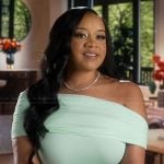 Angel’s blue off shoulder confessional dress on The Real Housewives of Potomac
