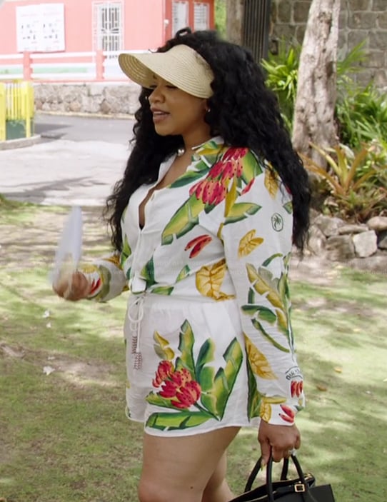 Angel's white floral print top and short set on The Real Housewives of Potomac