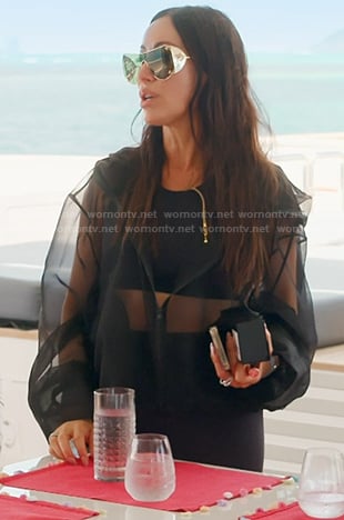 Angie’s black organza jackdet on The Real Housewives of Salt Lake City