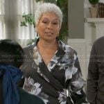 Anita’s black and white floral wrap top on Beyond the Gates