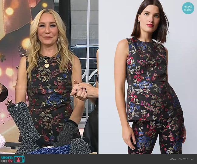 Ann Taylor Floral Jacquard Crew Neck Top in Iconic Red worn by Chassie Post on Today