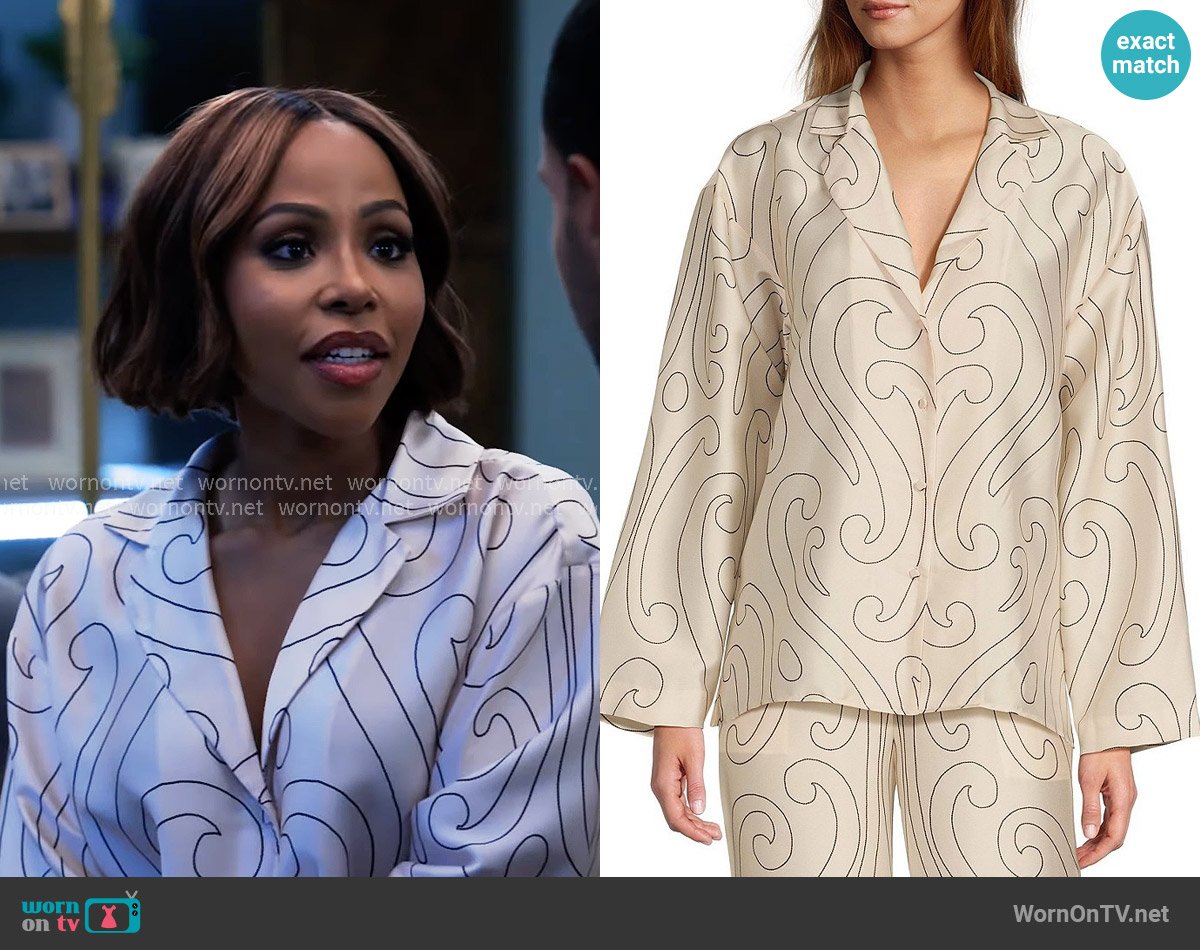 Antonio Melani x Elizabeth Damrich Dali Printed Satin Twill Blouse worn by Andrea Barnes (Kj Smith) on Tyler Perrys Sistas