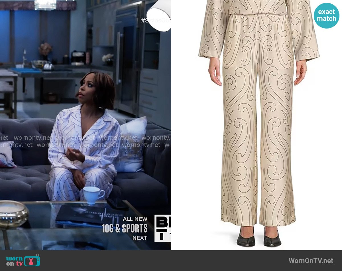 Antonio Melani x Elizabeth Damrich Dali Printed Satin Twill Flat Front Pant worn by Andrea Barnes (Kj Smith) on Tyler Perrys Sistas