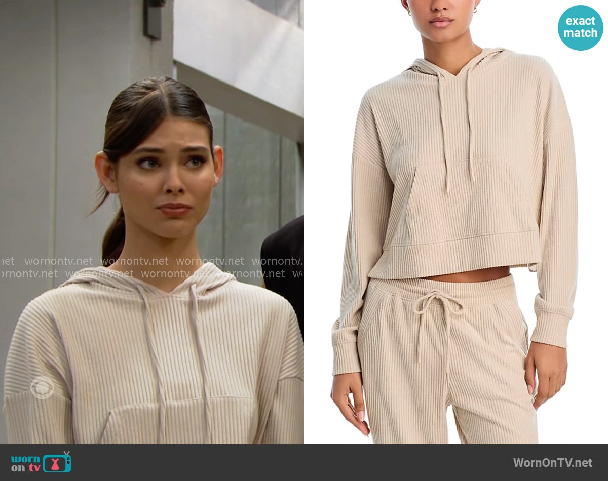 Aqua Brushed Rib Crop Hoodie in Beige worn by Electra Forrester (Laneya Grace) on The Bold and the Beautiful
