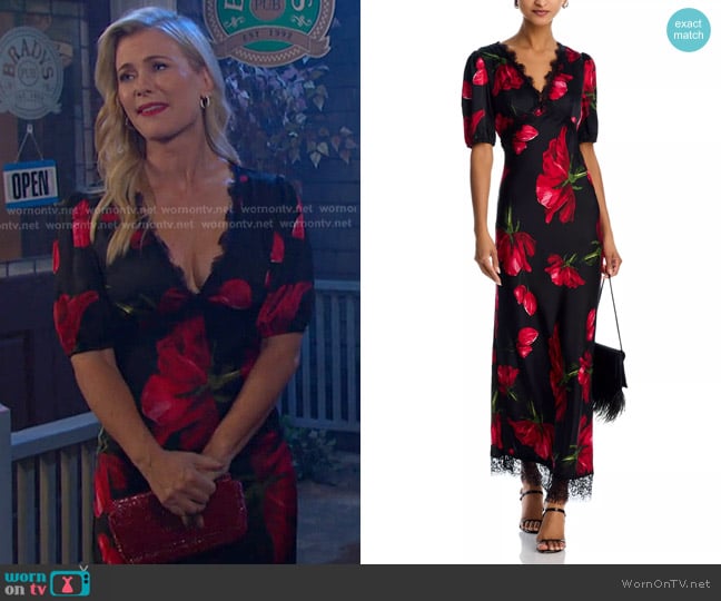 Aqua Rose Print Lace Trim Maxi Dress worn by Sami Brady (Alison Sweeney) on Days of our Lives