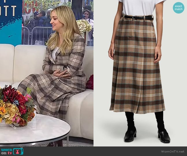 Argent Godet Wool Skirt in Brown Plaid worn by Abby Elliott on Today