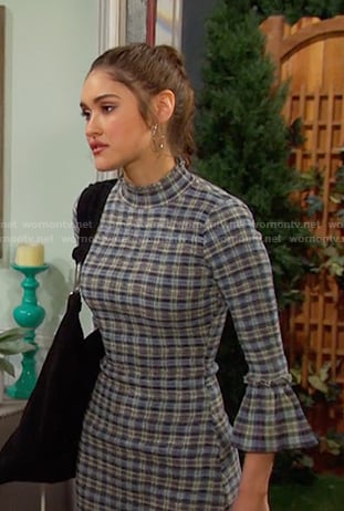 Ari’s blue plaid bell cuff dress on Days of our Lives
