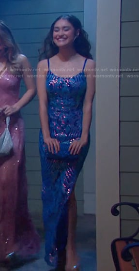 Ari’s blue sequin slit dress on Days of our Lives