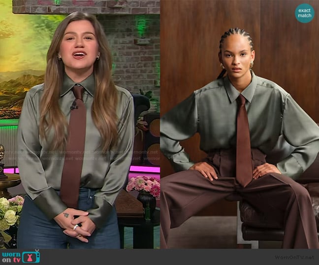 ASOS Satin cinch oversized shirt with contrast tie in olive worn by Kelly Clarkson on The Kelly Clarkson Show