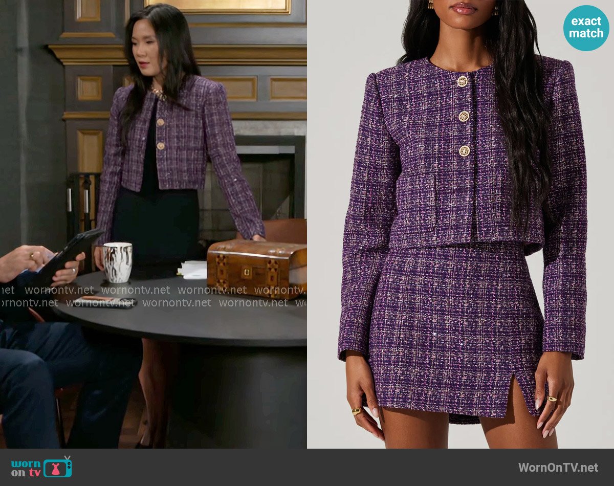 ASTR The Label Lyssa Tweed Jacket worn by Caroline Lee (Ellie Wang) on Beyond the Gates