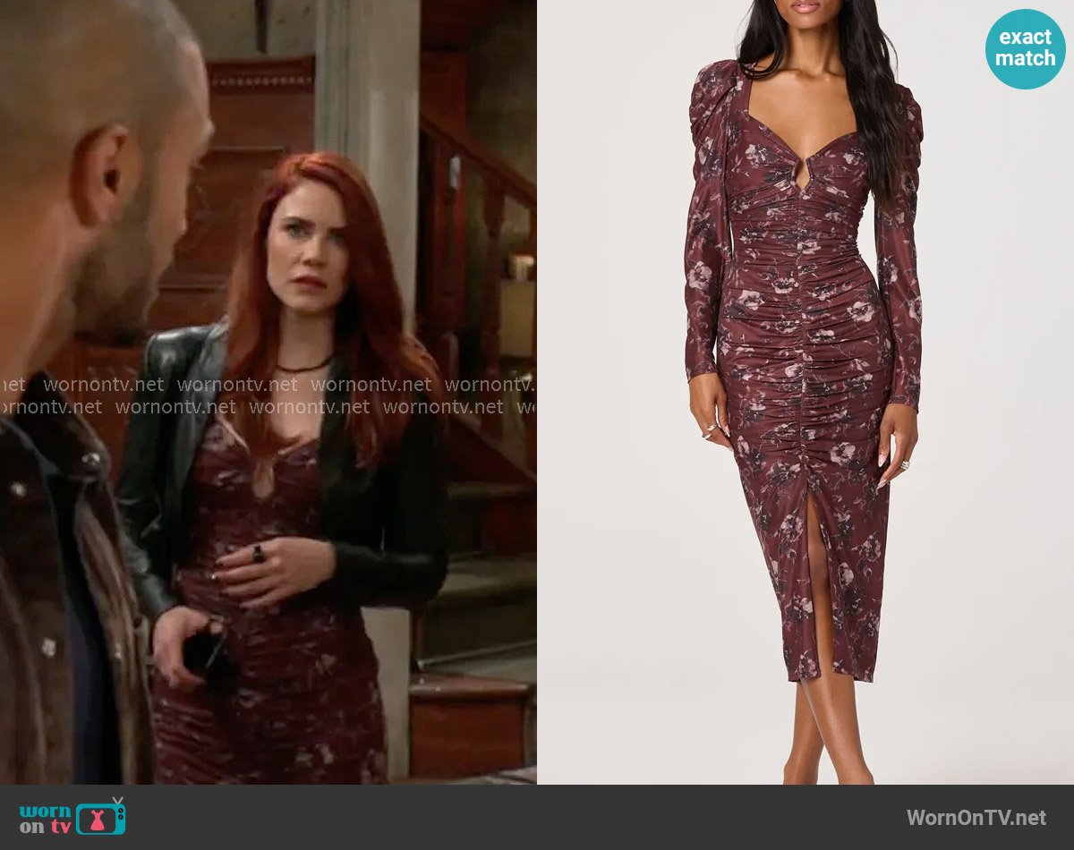 ASTR The Label Ruched Mesh Midi Dress in Burgundy Floral worn by Sally Spectra (Courtney Hope) on The Young and the Restless