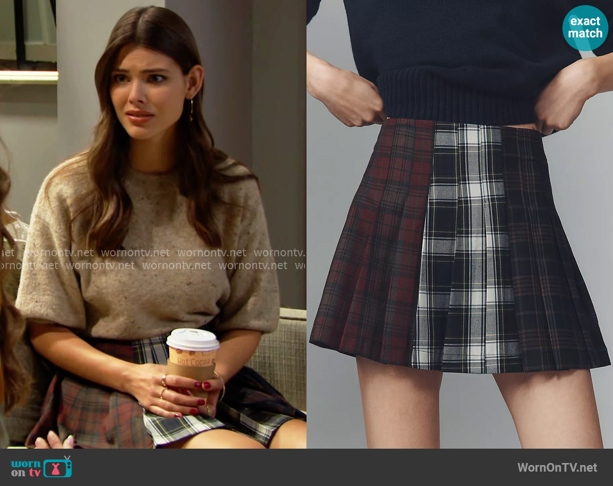 Avec Les Filles Multi-Plaid Pleated Mini Skirt worn by Electra Forrester (Laneya Grace) on The Bold and the Beautiful
