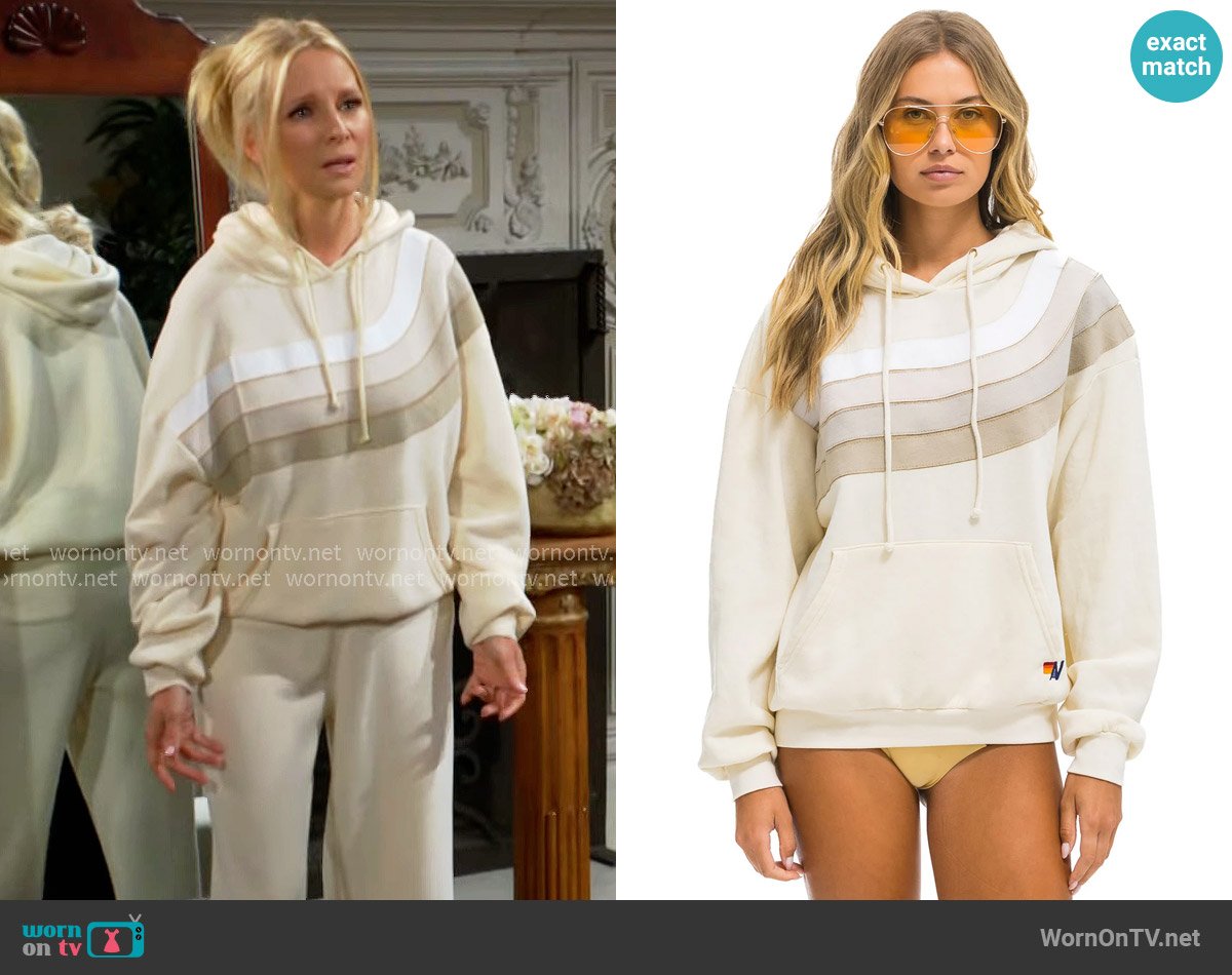 Aviator Nation Wave Stripe 4 Pullover Hoodie Relaxed in Vintage White worn by Christine Blair Williams (Lauralee Bell) on The Young and the Restless