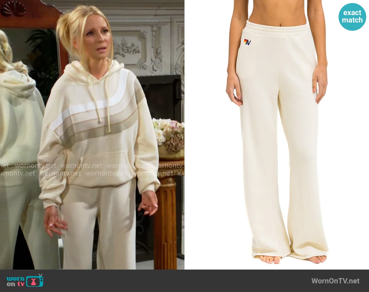 Aviator Nation Wide Leg Pocket Sweatpants in Vintage White worn by Christine Blair Williams (Lauralee Bell) on The Young and the Restless