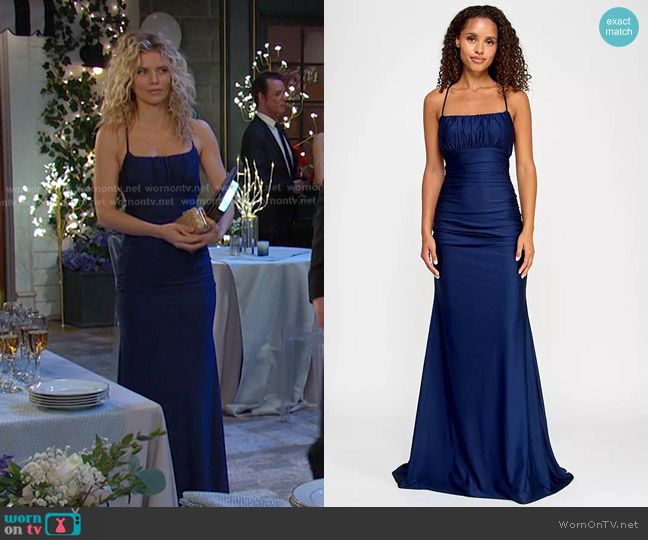 B Darlin Square-Neck Ruched Strappy Sleeveless Gown worn by Catherina Greene (AnnaLynne McCord) on Days of our Lives