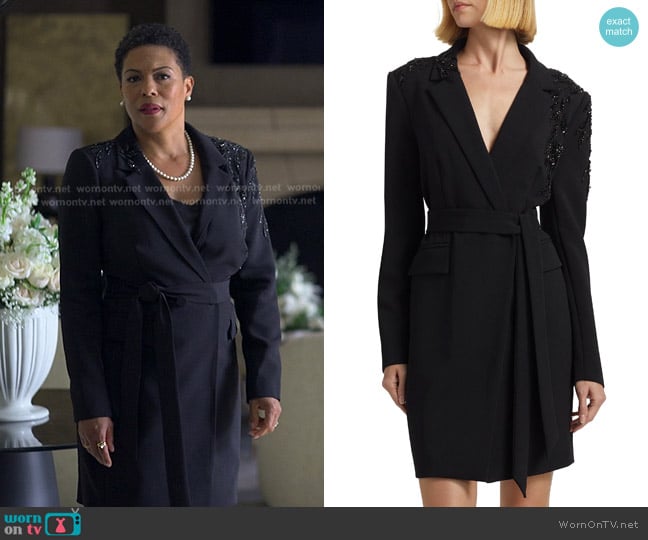 Badgley Mischka Embellished Crepe Wrap-Style Cocktail Dress worn by Rosie Edwards (April Parker Jones) on Reasonable Doubt