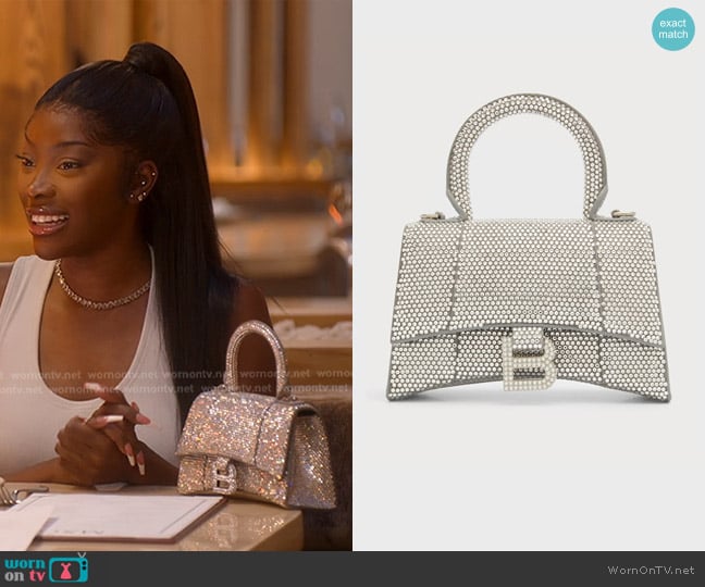 Balenciaga Hourglass Handbag Xs With Rhinestones in Grey worn by Chelsea Lazkani on Selling Sunset
