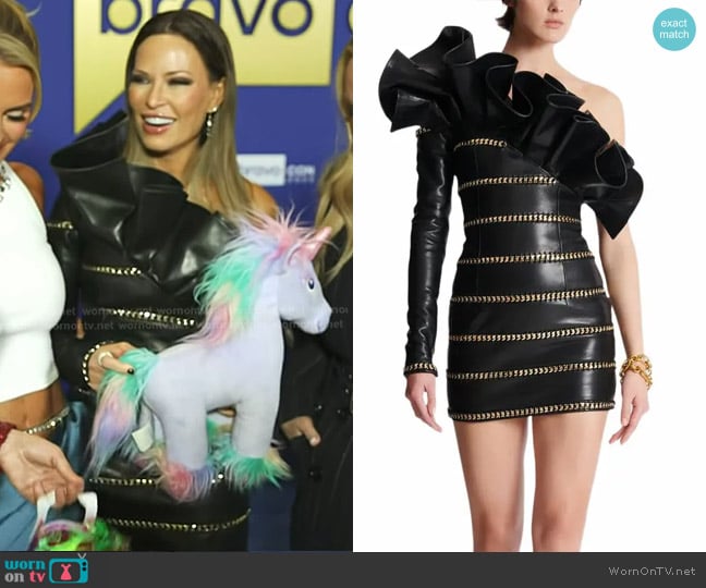 Balmain Asymmetric Leather Bodycon Dress With Chains worn by Britani Bateman on Today