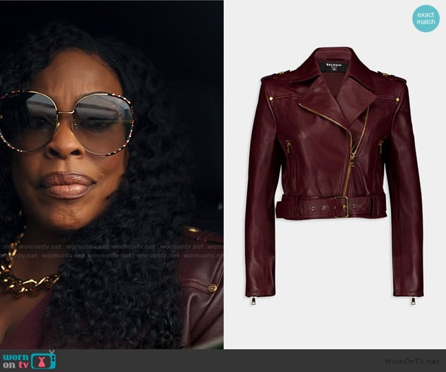 Balmain Leather Jacket In Bordeaux Leather worn by Emerald Greene (Niecy Nash-Betts) on Alls Fair