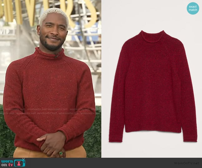 Scott’s red mock neck sweater on Access Hollywood