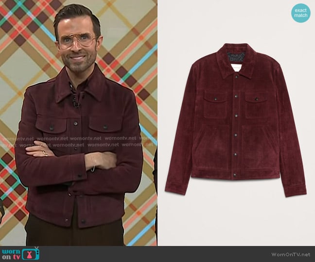 Banana Republic Oiled Suede Trucker Jacket in Classic Burgundy Red worn by Preston Konrad on Today