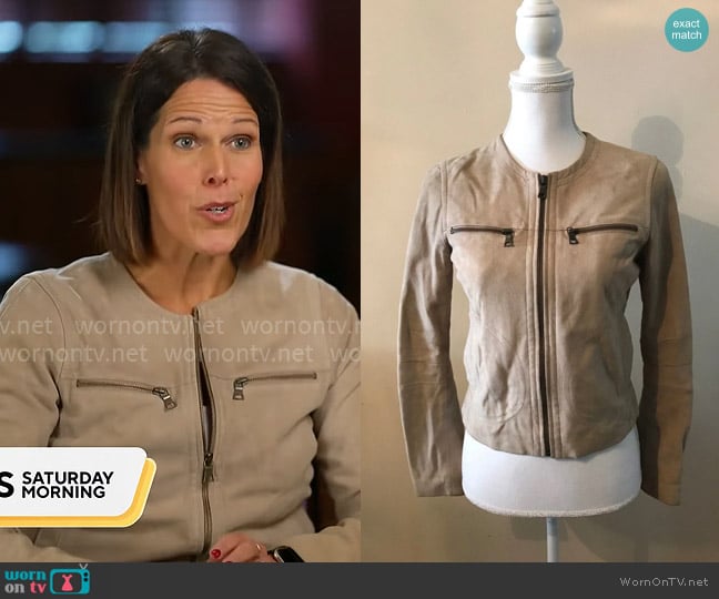 Banana Republic Soft Suede Moto Zip Leather Jacket worn by Dana Jacobson on CBS Mornings