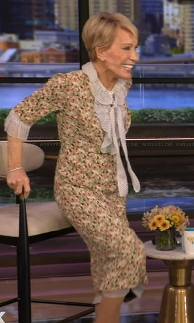 Barbara Corcoran’s floral print tie neck dress on Live with Kelly and Mark