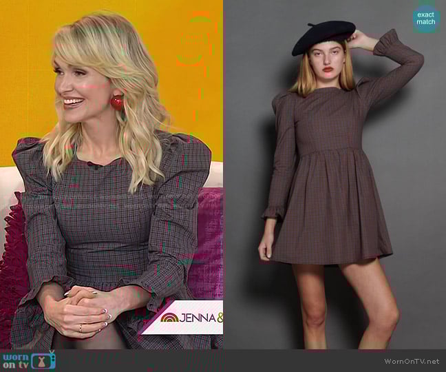 Batsheva Square Neck Mini Prairie Dress in Burgundy Tartan worn by Jenn Lyon on Today