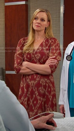 Belle’s red ikat print v-neck dress on Days of our Lives