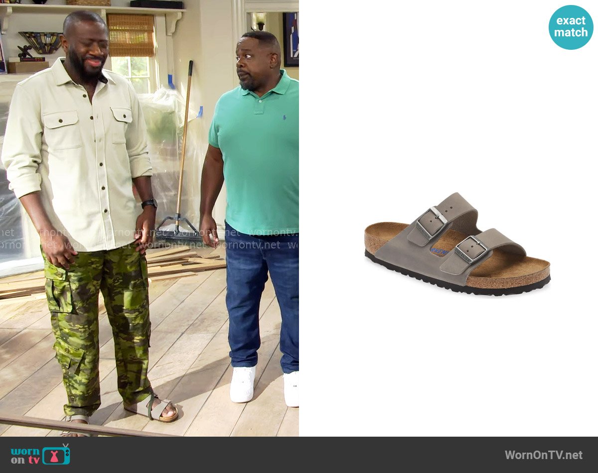 Birkenstock Arizona Slide in Iron Oiled Leather worn by Malcom (Sheaun McKinney) on The Neighborhood