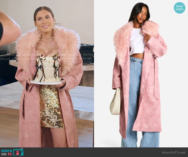 Boohoo Faux Fur Collar Vintage Look Faux Leather Trench Coat worn by Jessi Ngatikaura on The Secret Lives of Mormon Wives