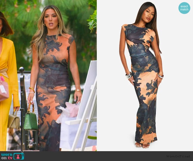 Boohoo Printed Sheer Slash Neck Cap Sleeve Maxi Dress worn by Alex Halll (Alex Hall) on Selling the OC