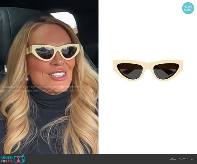 Bottega Veneta New Triangle Cat Eye Sunglasses in Yellow Butter & Grey worn by Heather Gay on The Real Housewives of Salt Lake City