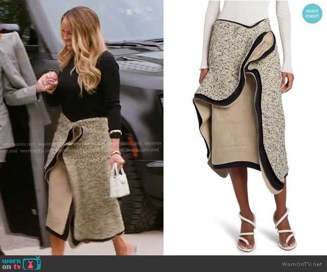 Bottega Veneta Terrazzo Asymmetric Ruffle Bouclé Midi Skirt worn by Heather Gay on The Real Housewives of Salt Lake City