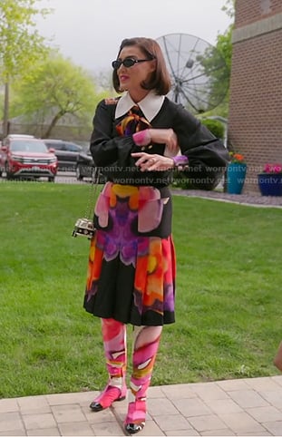 Bronwyn's black floral tie neck blouse and skirt on The Real Housewives of Salt Lake City