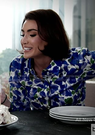 Bronwyn’s blue floral button down shirt on The Real Housewives of Salt Lake City