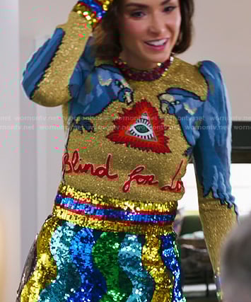 Bronwyn's lurex bird sweater and sequin skirt on The Real Housewives of Salt Lake City