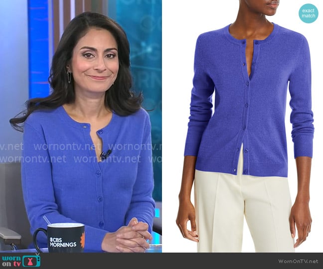 C by Bloomingdales Crewneck Cashmere Cardigan in Admiral Blue worn by Dr. Celine Gounder on CBS Mornings