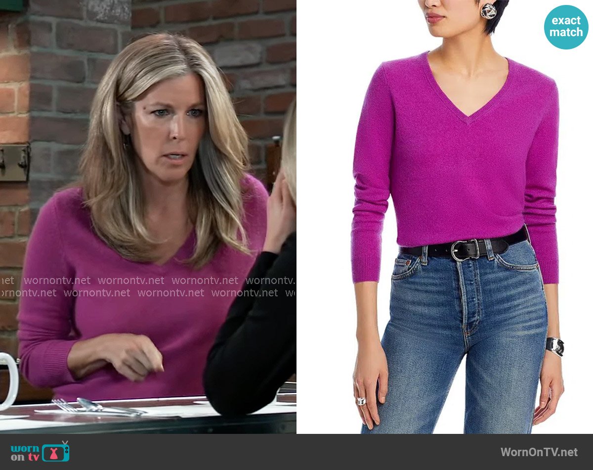 C by Bloomingdales V-neck Cashmere Sweater in Wildberry worn by Carly Spencer (Laura Wright) on General Hospital